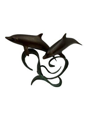 Bronze Dolphin Sculpture On Abstract Wave Base - Coastal Decor - 7" Tall